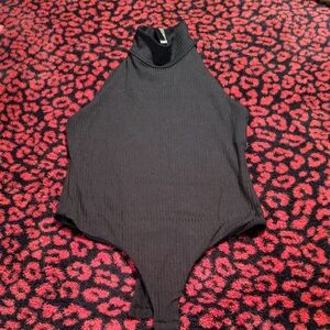 Black Ribbed Mock Neck Bodysuit -  Women